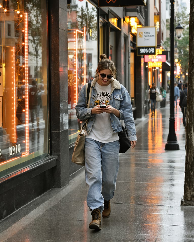 Street denim on a wet city sidewalk at golden hour
